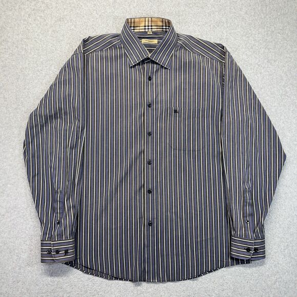 Burberry London Shirt Men’s Large Brown Blue Striped Button Up Made in England - Picture 1 of 14